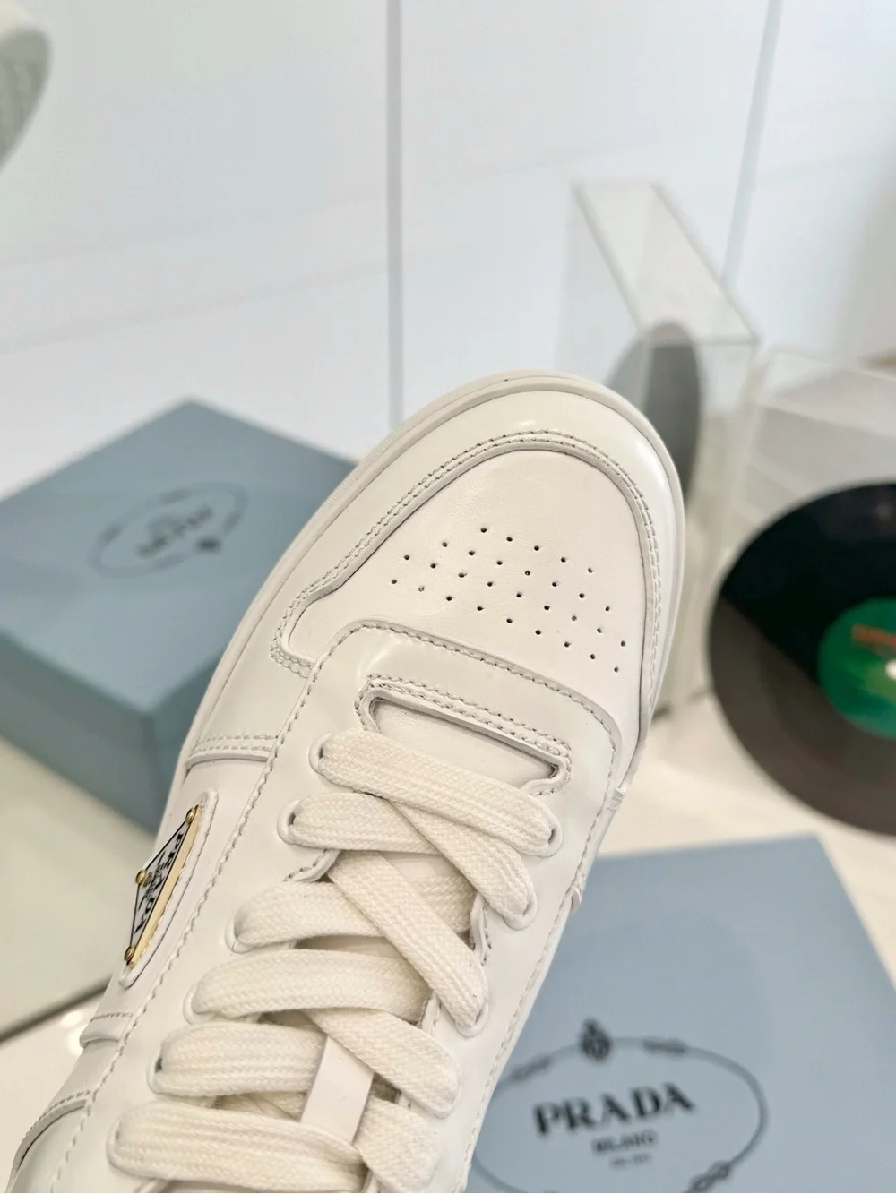 White Leather Platform Lace-Up Sneakers with Gold Triangle Accent